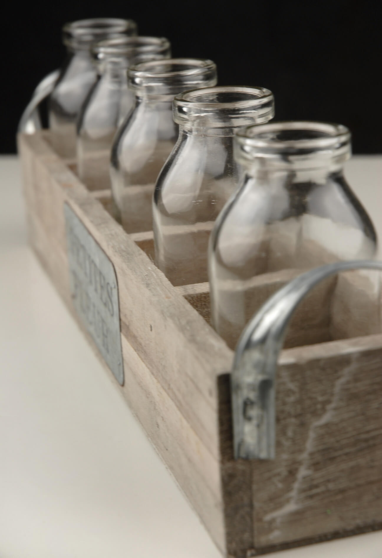 Milk Bottles & Wood Crate Petites Fleur 12", 5 Bottles